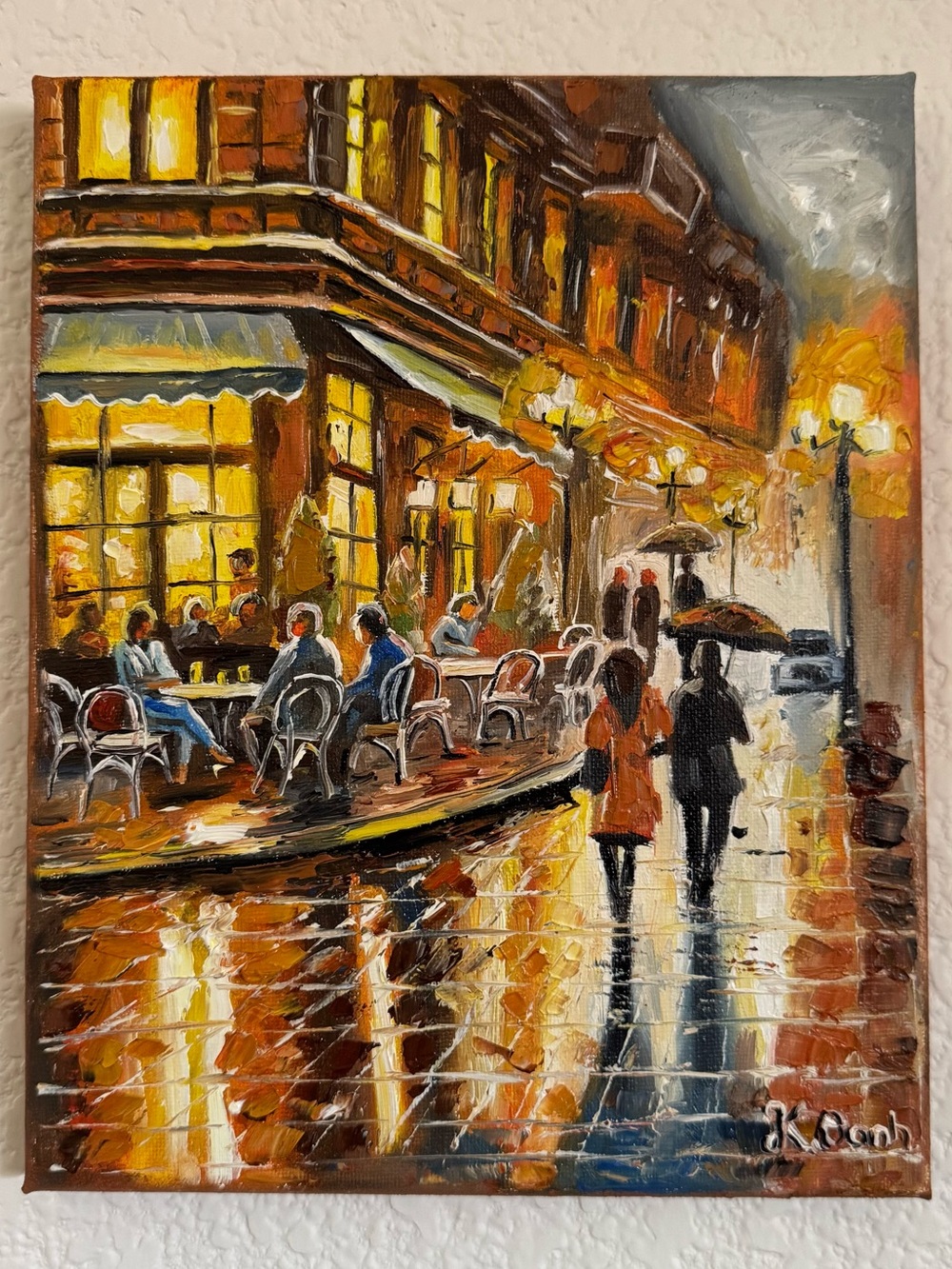 Original oil painting cityscape night light autumn canvas signed 8x10 inches